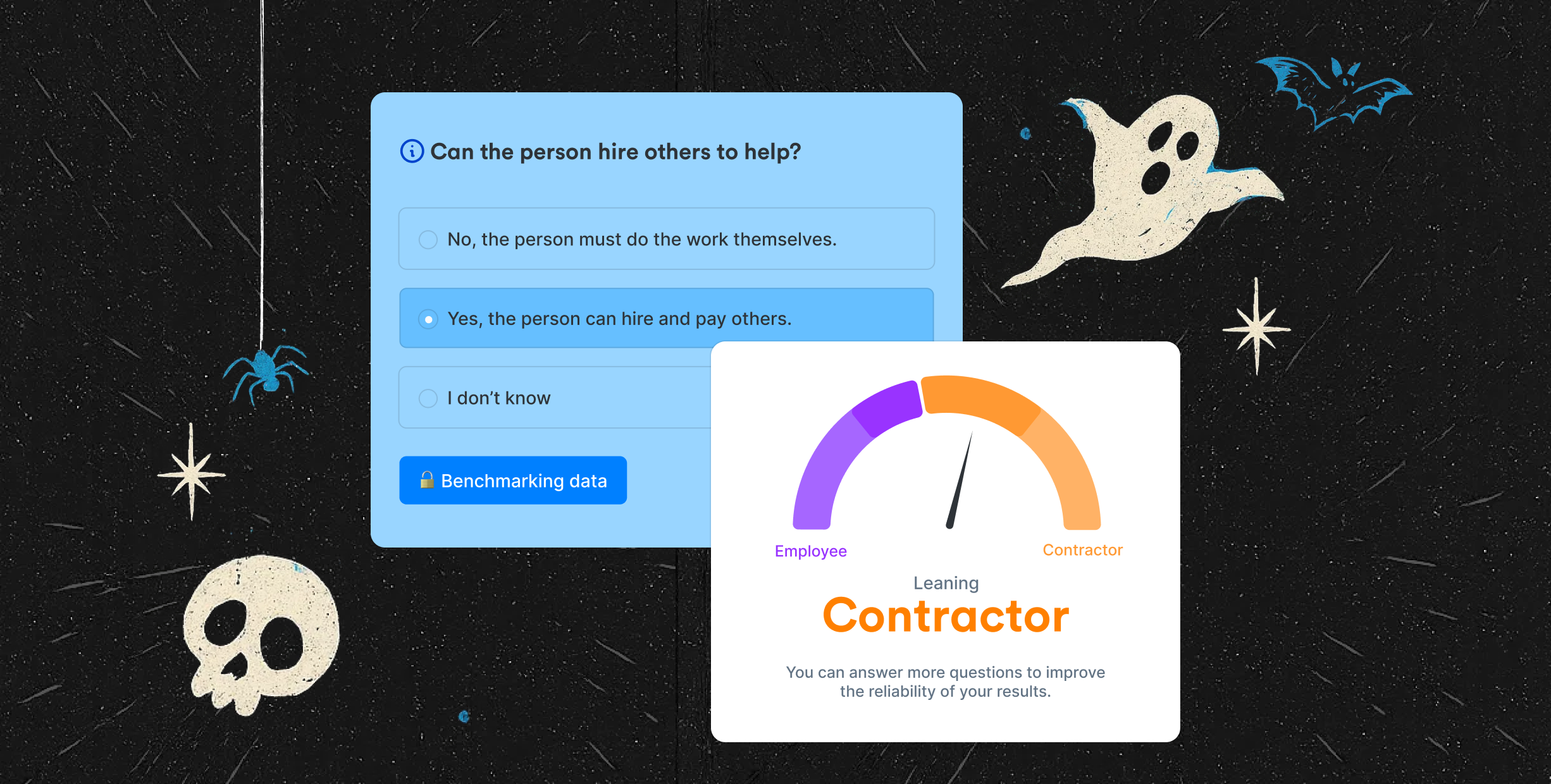 A spooky-themed backdrop to screenshots of the Worker Classification Tool, with one of them saying "Leaning Contractor," surrounded by ghosts, bats, and spider webs.