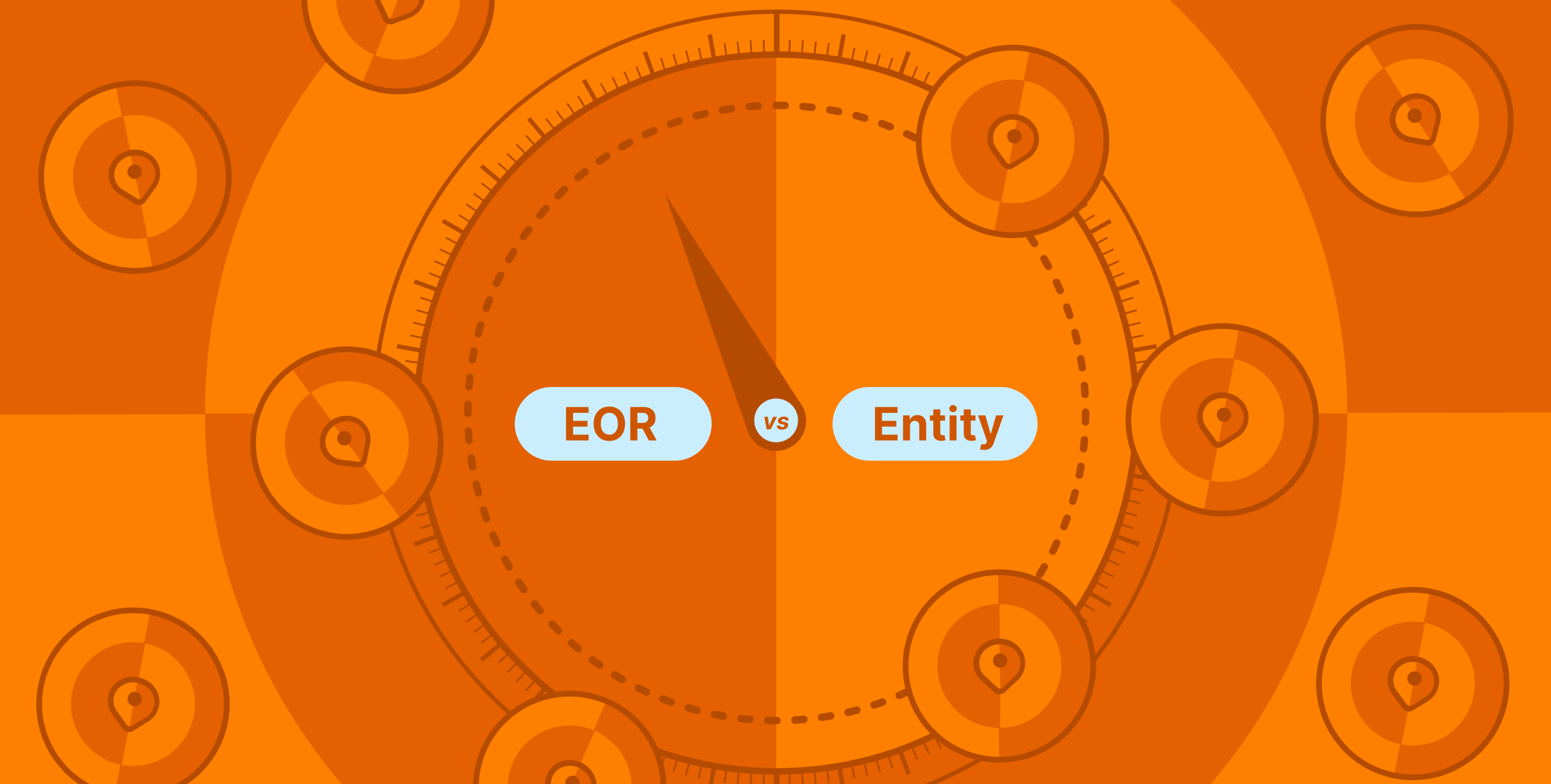 Image of a compass with the words EOR vs Entity at its center, and an arrow leaning toward the EOR side. The background is orange with scattered location markers.
