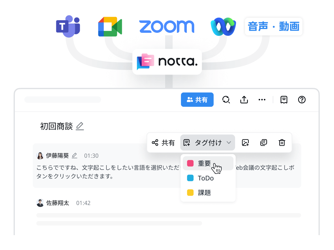 音声入力・便利な文字起こしデータ編集と共有機能