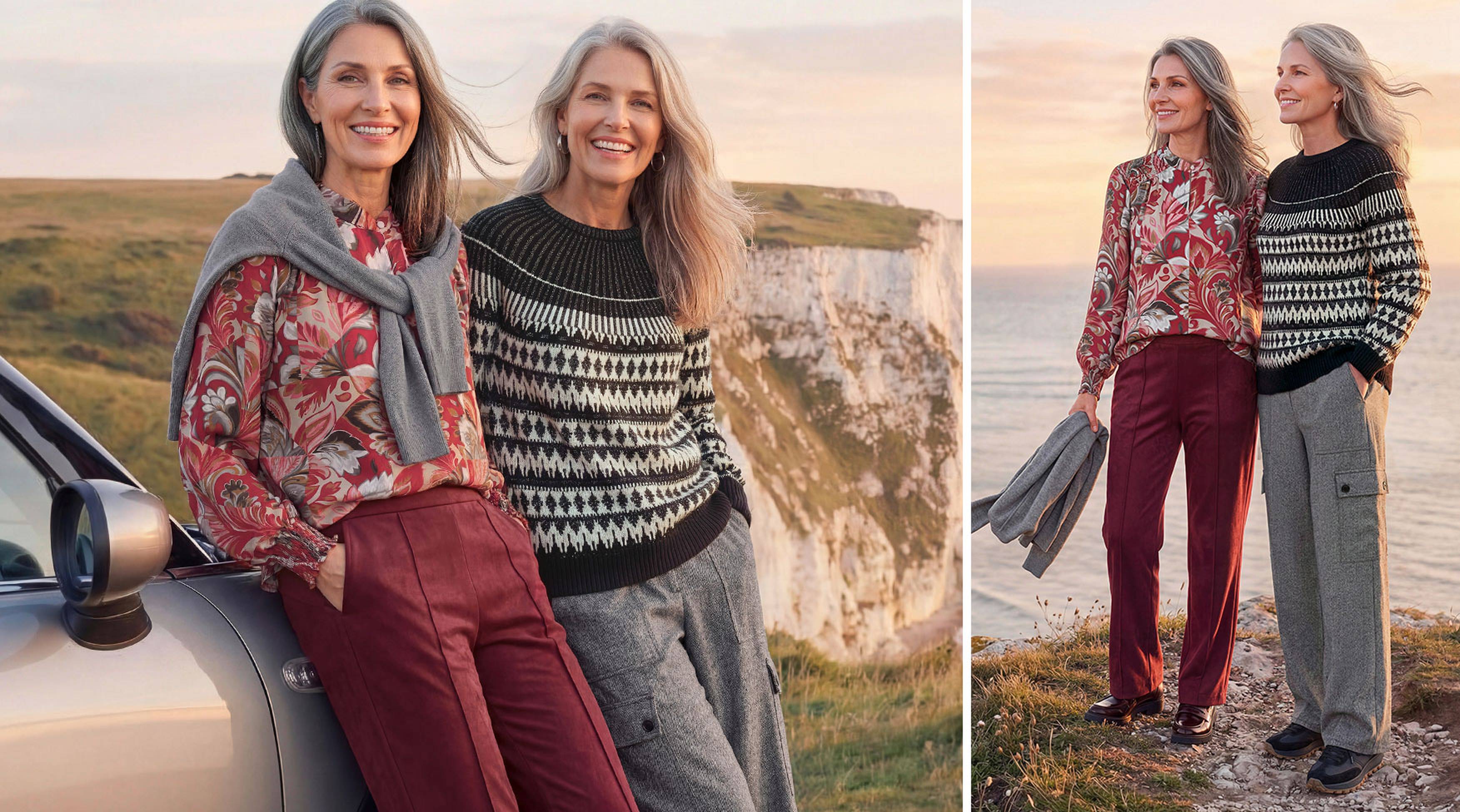 Tendances pantalons 2025 - Femme portant un pantalon imprimé multicolore à jambes larges et un cardigan assorti Assise au bord de l'eau avec de nombreux bateaux en arrière-plan