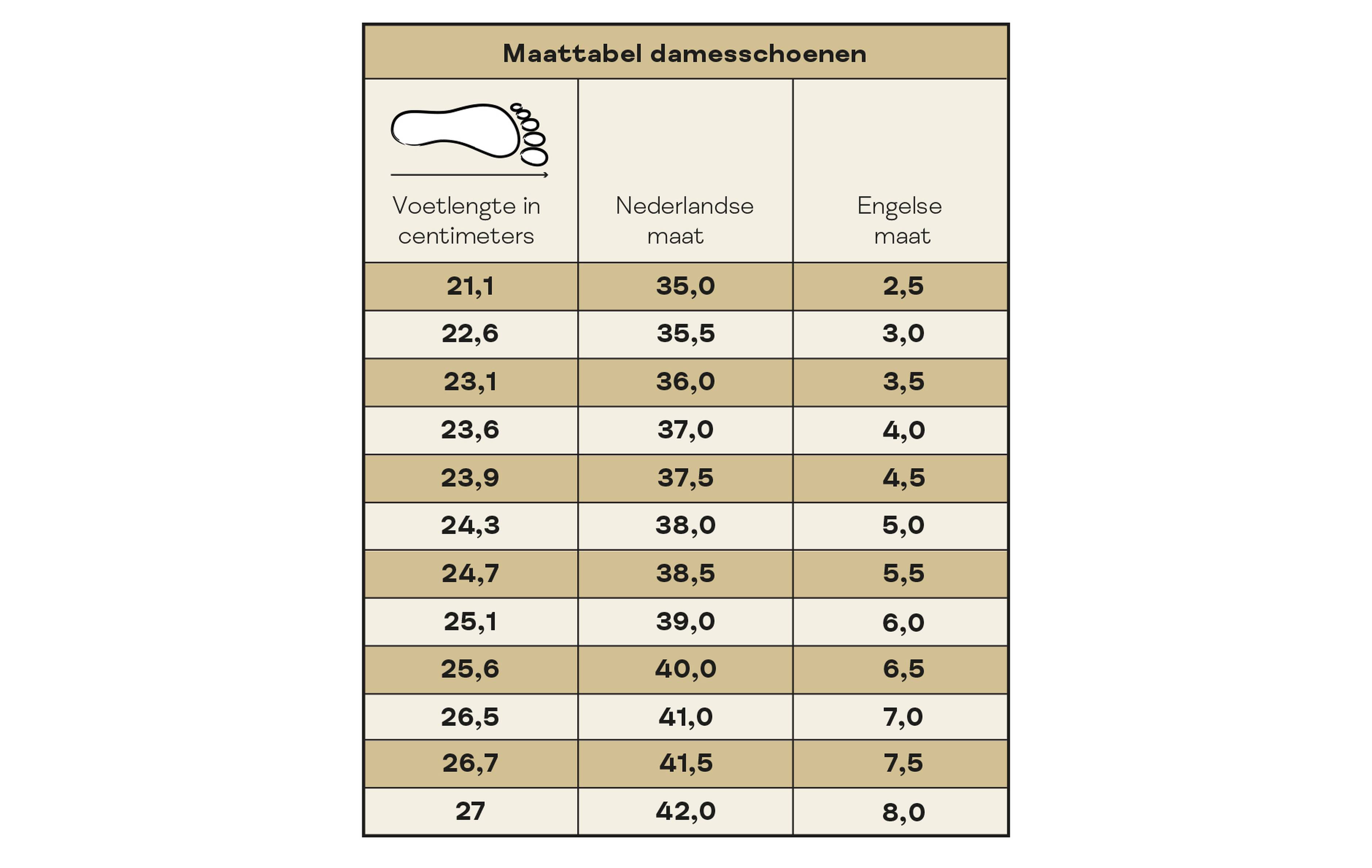 maattabel voor damesschoenen