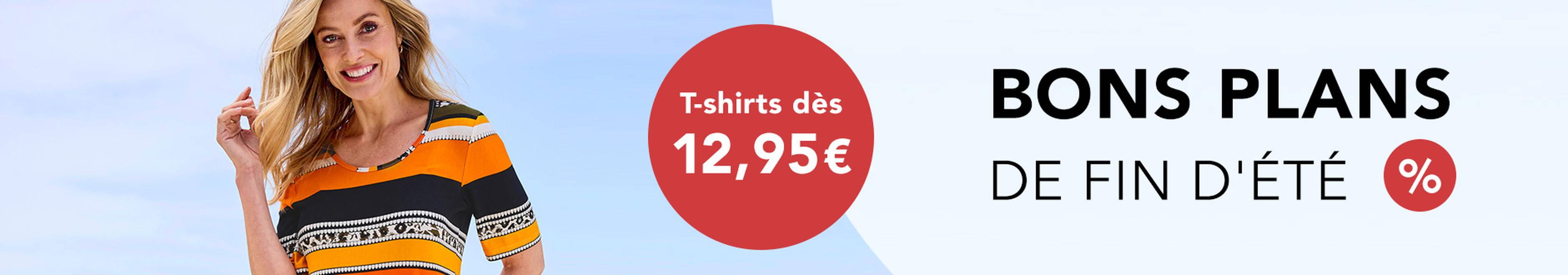 Une femme souriante portant un T-shirt coloré. Le texte présente des T-shirts à petit prix dans le cadre des « offres de fin d'été ».