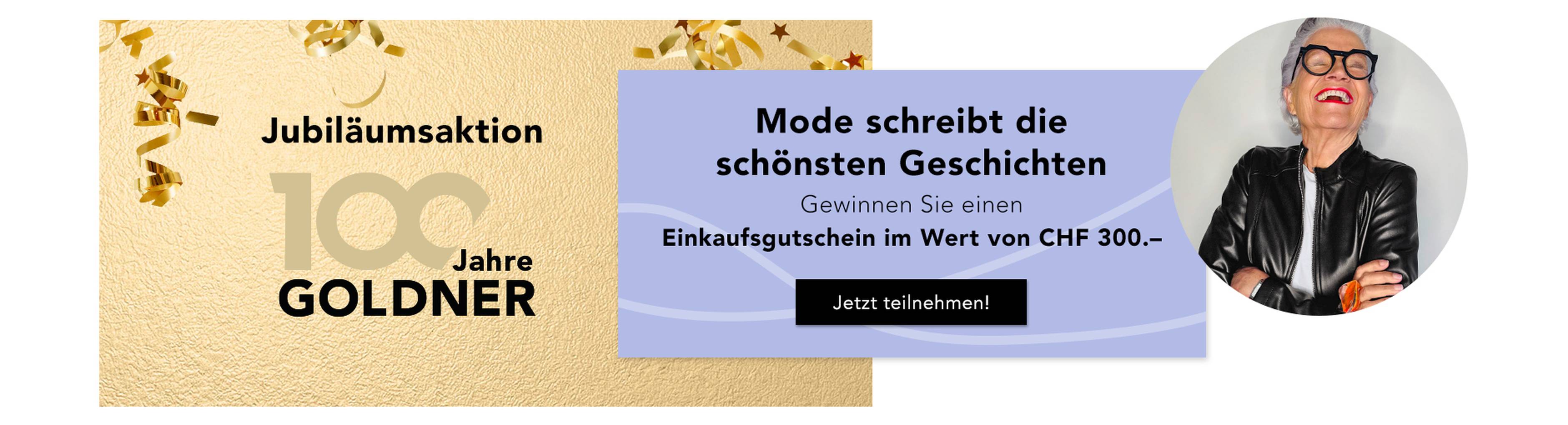 Festliches GOLDNER-Banner mit Text und einem runden Bild einer lächelnden Frau mit Sonnenbrille und Lederjacke, das für ein Gewinnspiel wirbt.