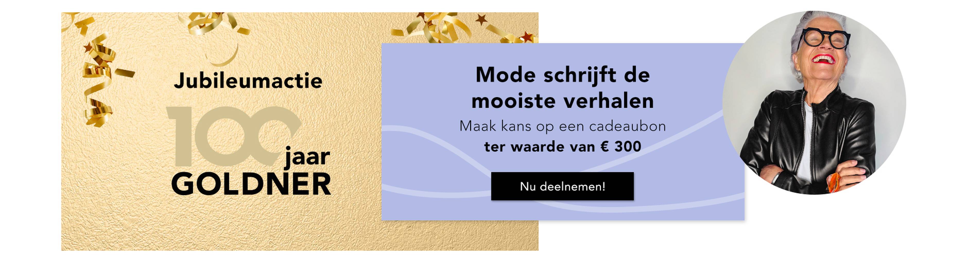 Feestelijke GOLDNER-banner met tekst en een ronde afbeelding van een glimlachende vrouw met een zonnebril en een leren jas, ter promotie van een weggeefactie.