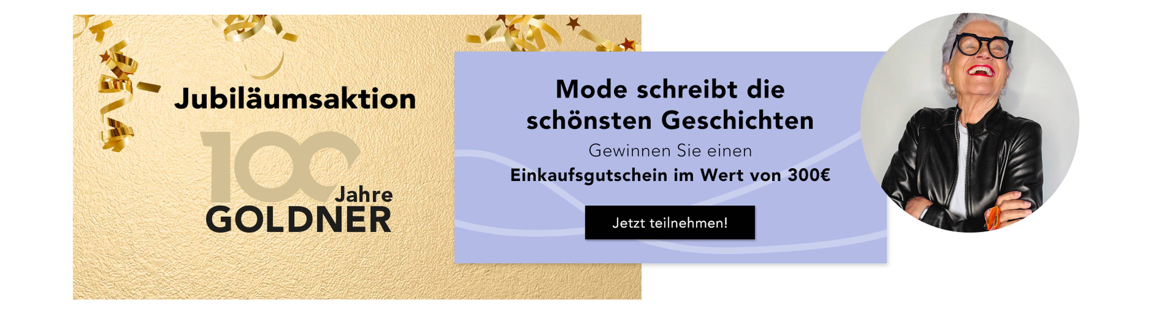 Festliches GOLDNER-Banner mit Text und einem runden Bild einer lächelnden Frau mit Sonnenbrille und Lederjacke, das für ein Gewinnspiel wirbt.