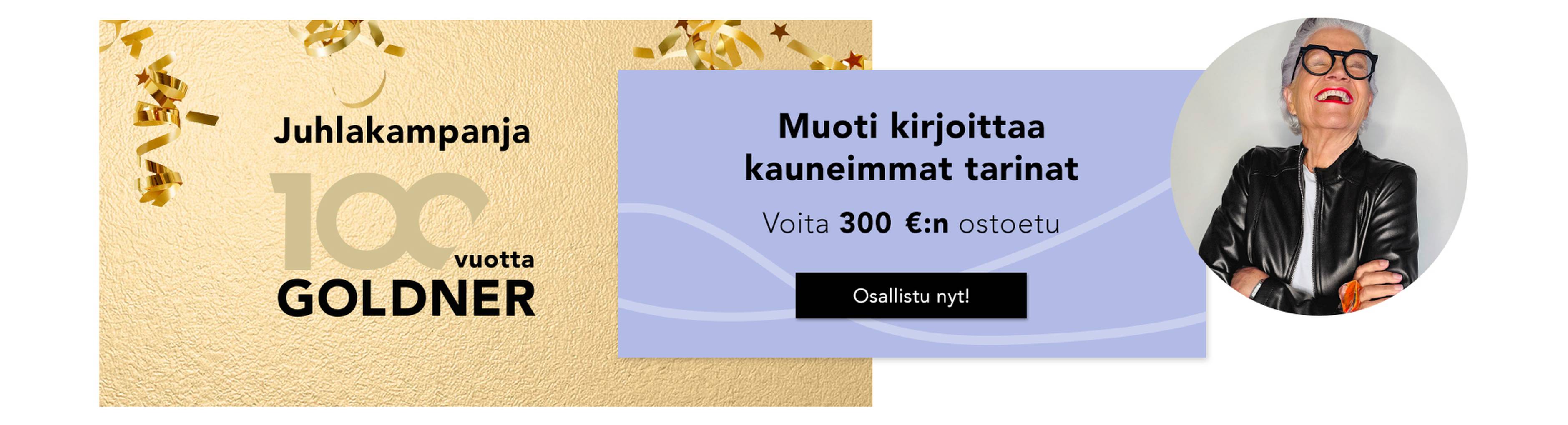 Juhlava GOLDNER-banneri, jossa on tekstiä ja pyöreä kuva hymyilevästä naisesta, jolla on aurinkolasit ja nahkatakki, ja joka mainostaa arvontoja.