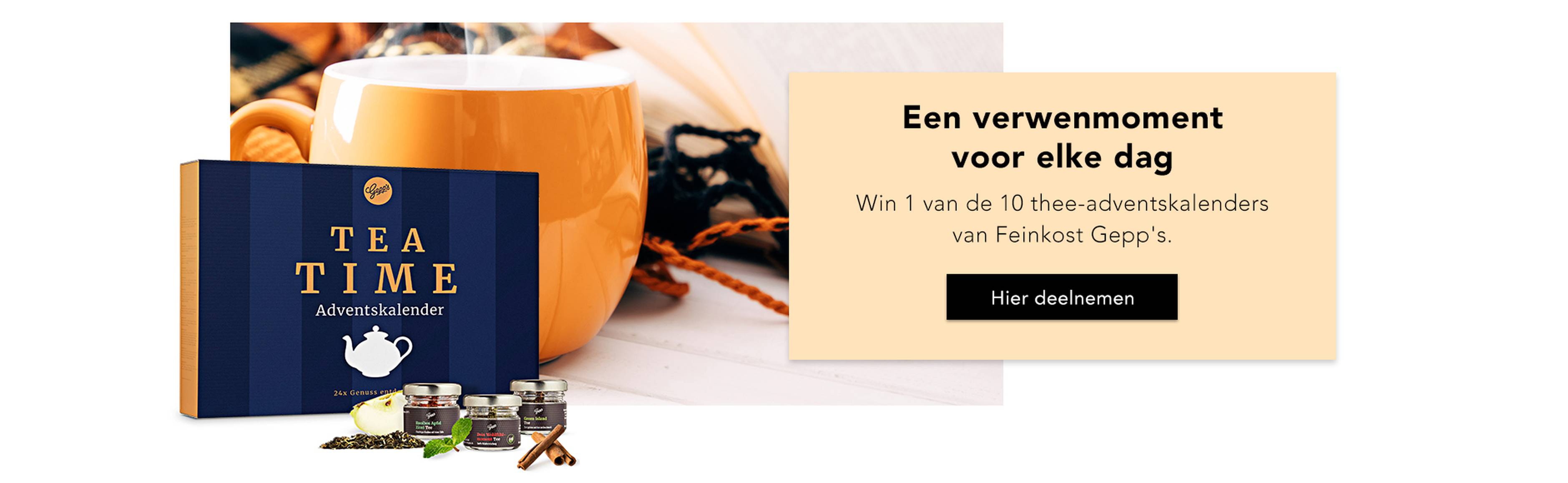 Een gezellige theescène, die de kans promoot om via een prijsvraag een thee-adventskalender te winnen.