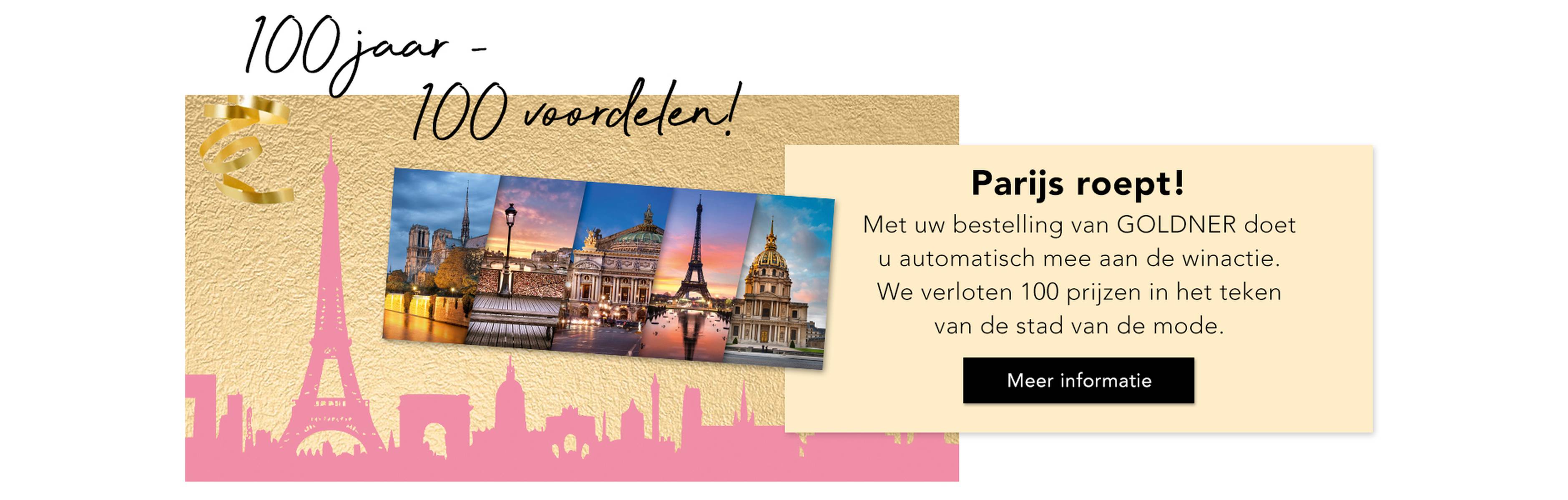  Promotieafbeelding van GOLDNER met de skyline van Parijs en tekst over een wedstrijd waarmee prijzen te winnen zijn die verband houden met de stad van de mode.