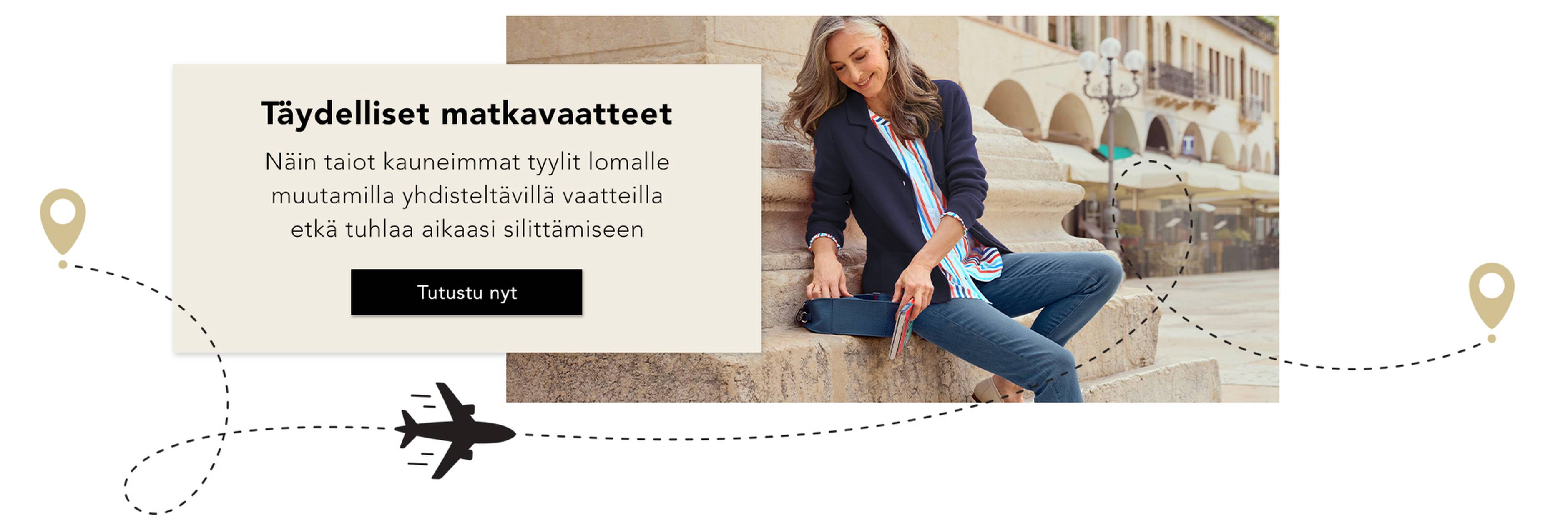  Nainen tyylikkäissä matkavaatteissa istuu rakenteen päällä; teksti mainostaa mutkatonta matkavaatevalikoimaa. Lentokonekuvitus yhdistää eri paikkoja toisiinsa.