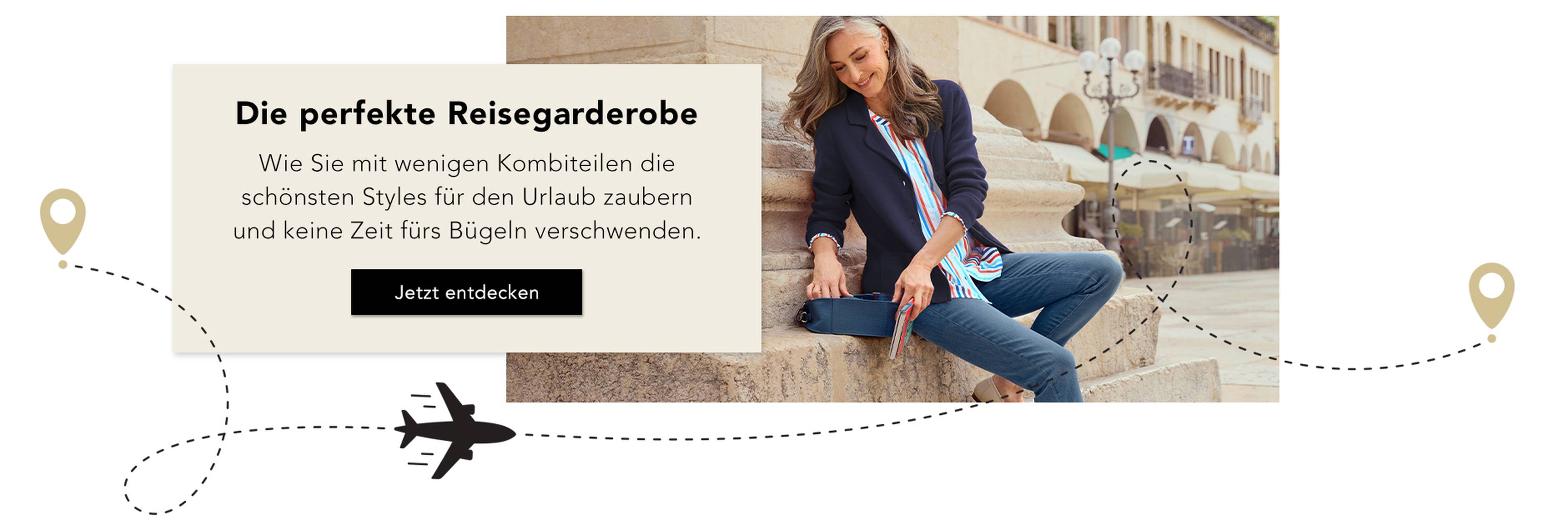  Eine Frau in eleganter Reisekleidung sitzt auf einer Struktur; der Text wirbt für eine unkomplizierte Reisegarderobe. Eine Flugzeuggrafik verbindet verschiedene Orte miteinander.