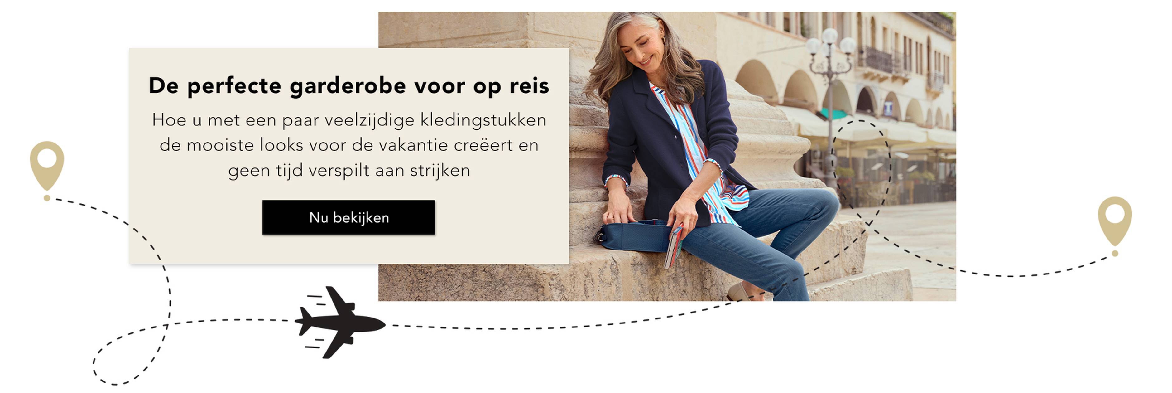  Een vrouw in elegante reiskleding zit op een constructie; de tekst promoot een eenvoudige reisgarderobe. Een afbeelding van een vliegtuig verbindt verschillende plaatsen met elkaar.