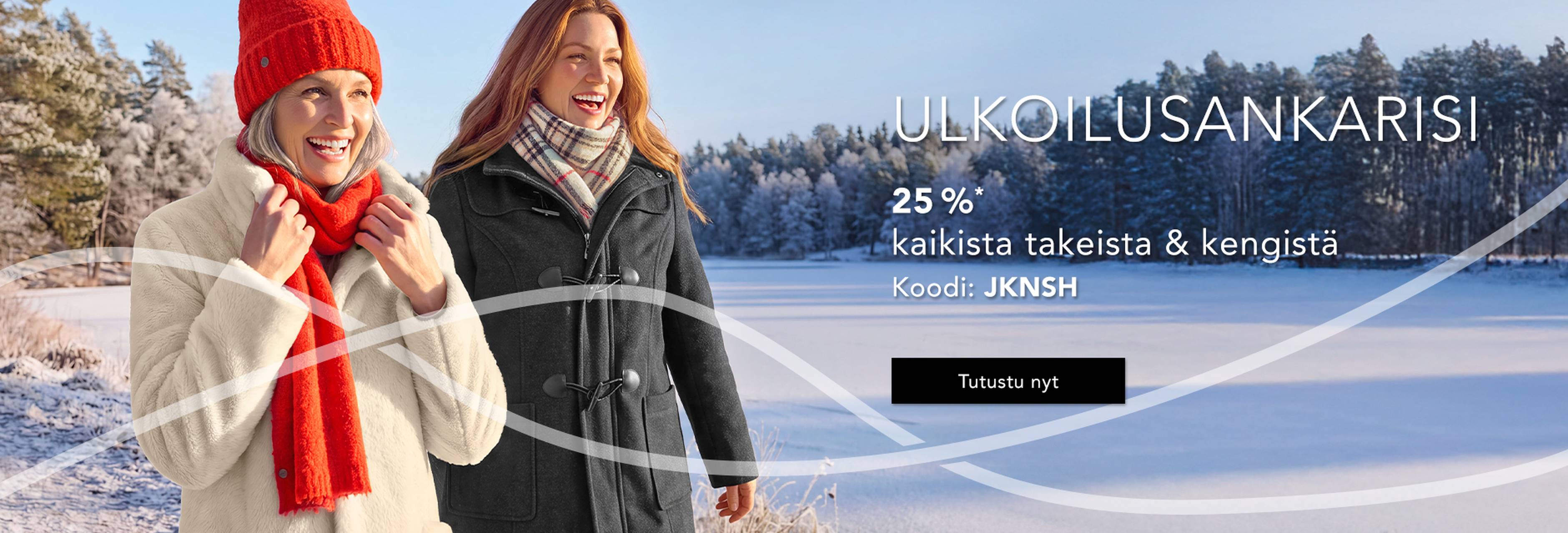 Kaksi talvivaatteisiin pukeutunutta naista nauttii aurinkoisesta talvipäivästä ulkona. Mainosteksti viittaa 20 prosentin alennuskampanjaan takkeihin ja kenkiin.