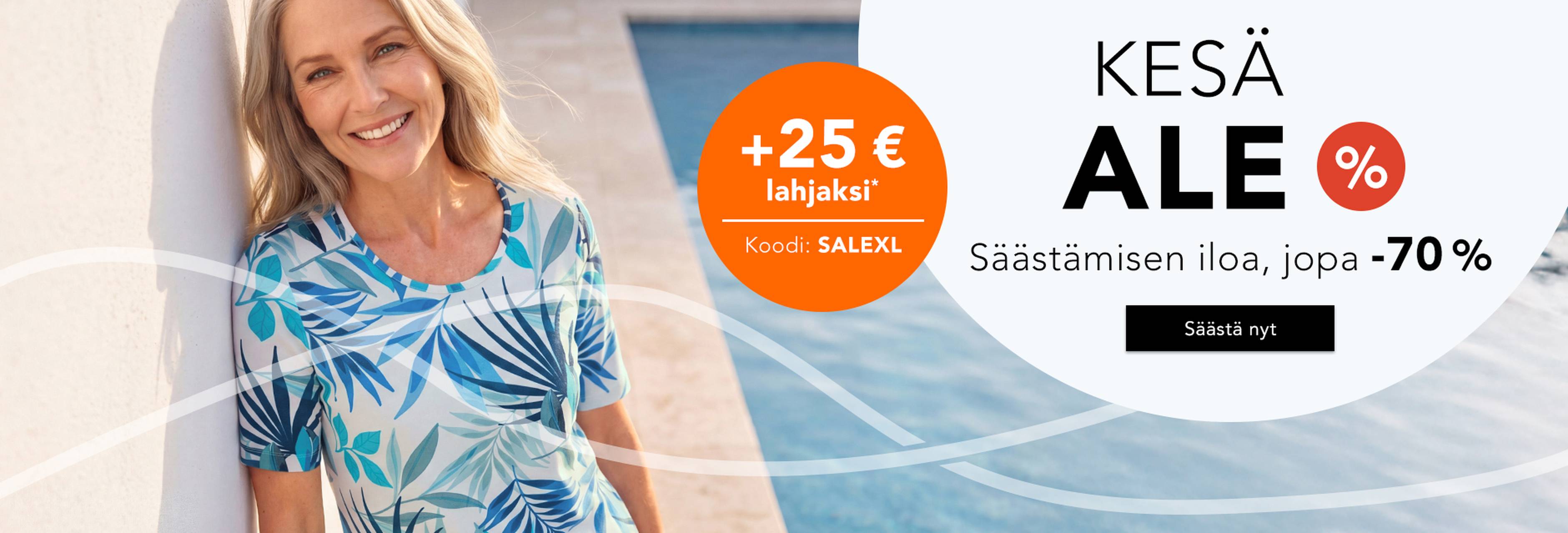  Sinisessä kuviollisessa mekossa oleva nainen hymyilee uima-altaan äärellä; kuvan tekstissä mainitaan kesäale, jossa alennukset ovat jopa 70 %, sekä alennustarjous.