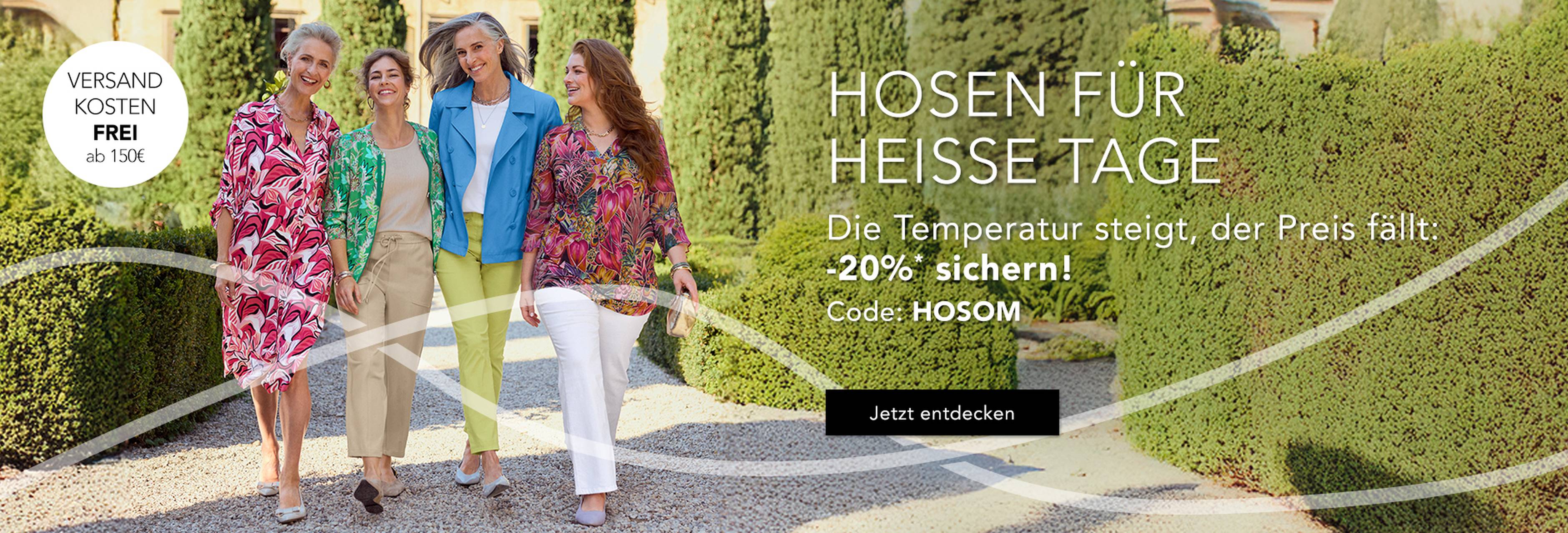 Frauen in farbenfrohen Outfits spazieren im Freien und werben für 20 % Rabatt auf Hosen für heiße Tage. 