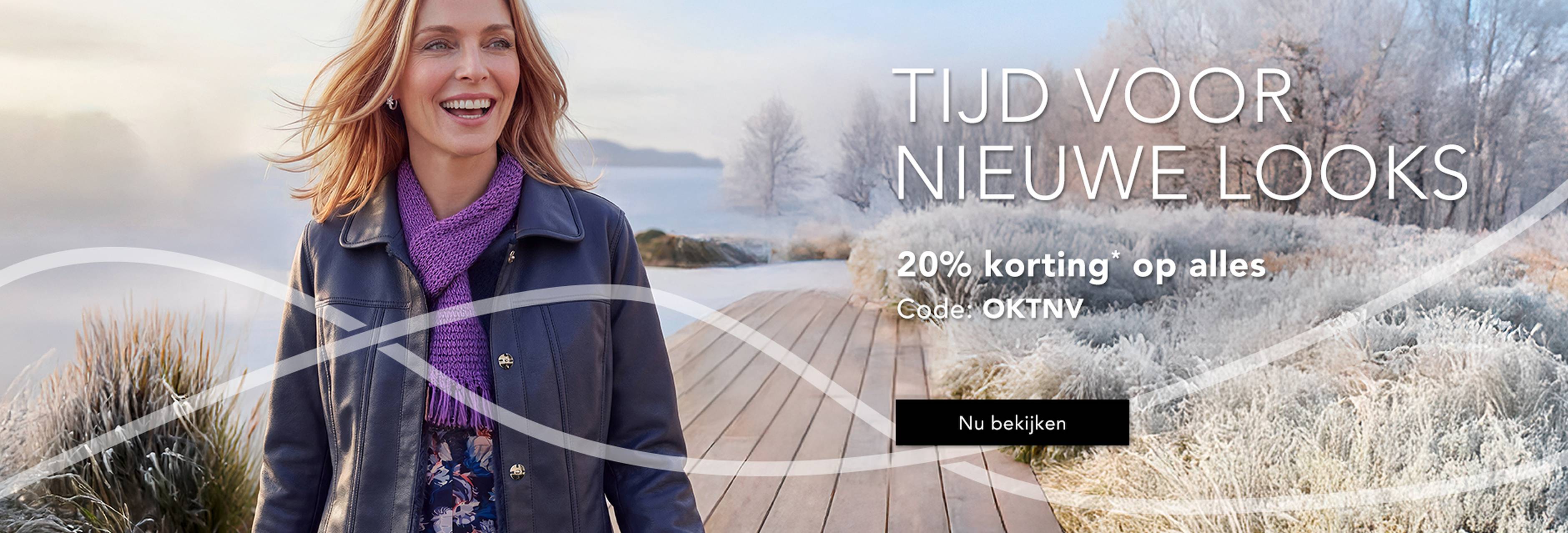 Een vrouw in stijlvolle herfstkleding wandelt over een houten steiger. Tekst: “Tijd voor nieuwe looks”, 20% korting, code: OKTNV.