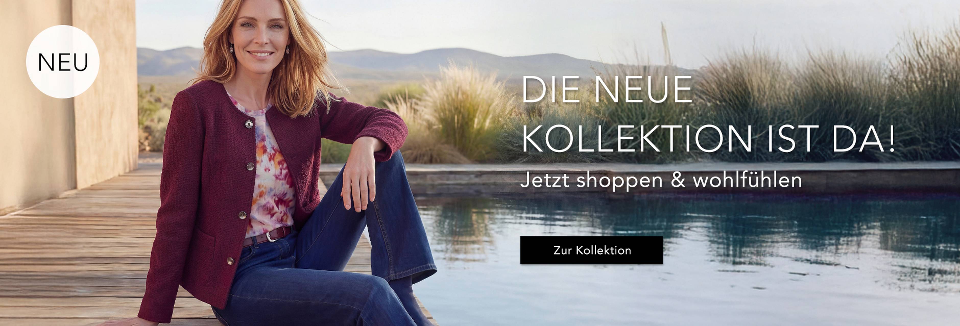 Eine Frau in eleganter Kleidung sitzt am Pool. Der Text weist auf die Einführung einer neuen Kollektion hin.