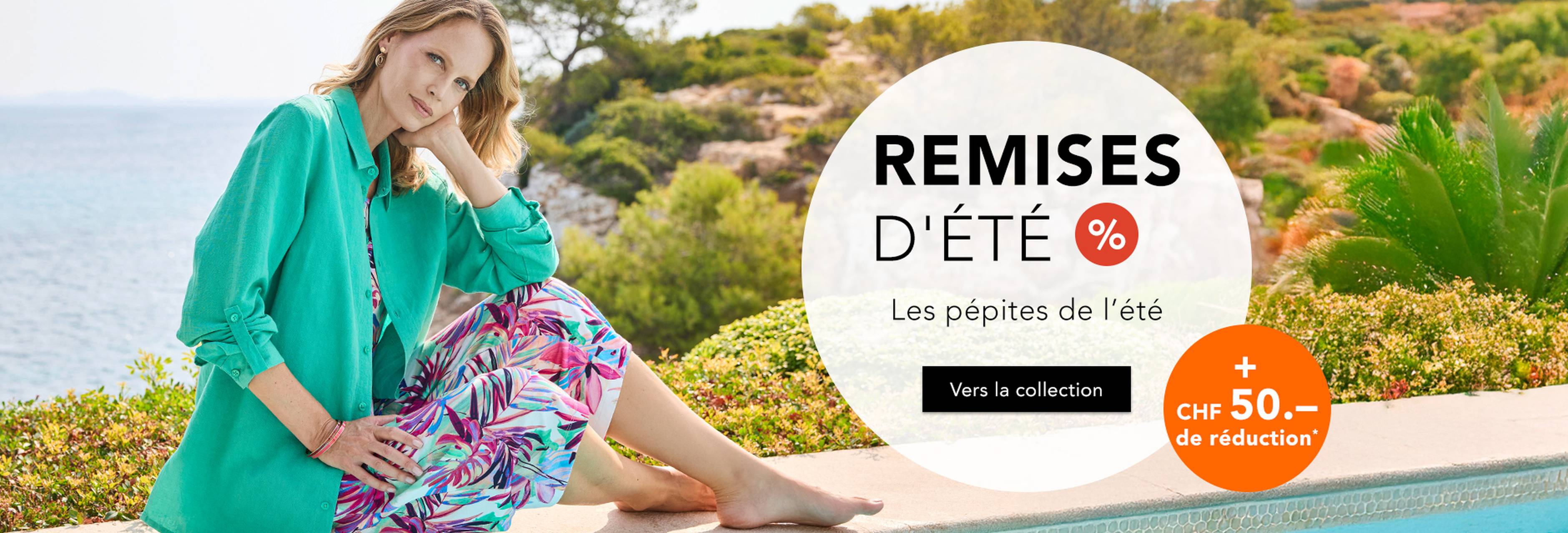  Une femme vêtue d'une tenue estivale colorée, assise au bord de la piscine, avec un texte en superposition annonçant des soldes d'été avec jusqu'à 70 % de réduction.
