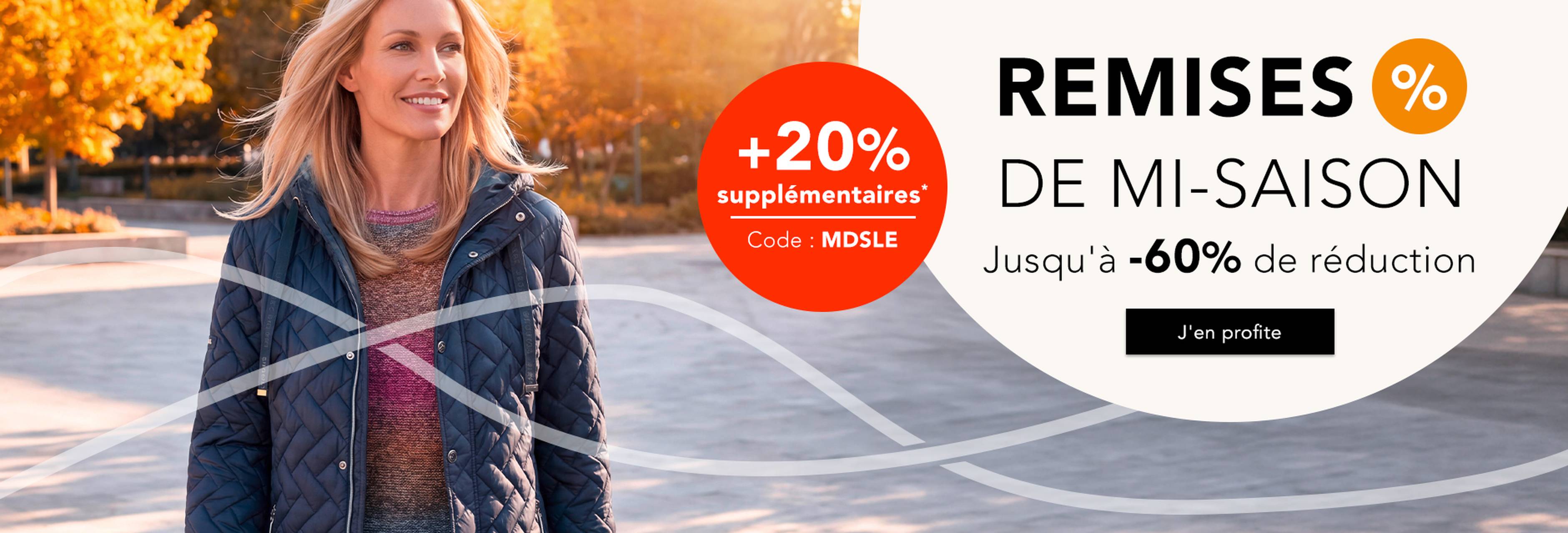 Une femme dans un décor automnal porte une veste élégante. Soldes de mi-saison avec jusqu'à 60 % de réduction. Offre spéciale avec 20 % de réduction supplémentaire.