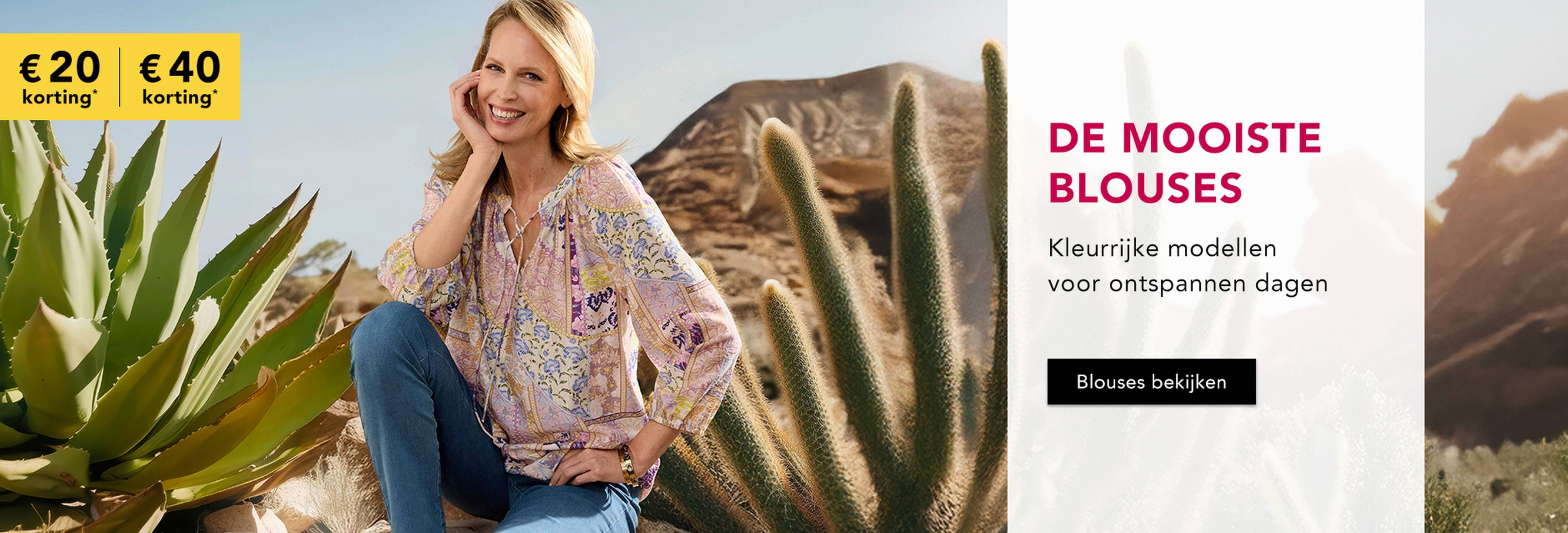 Atelier GOLDNER blouse met pastelprint en veterdetail, gecombineerd met blauwe broek