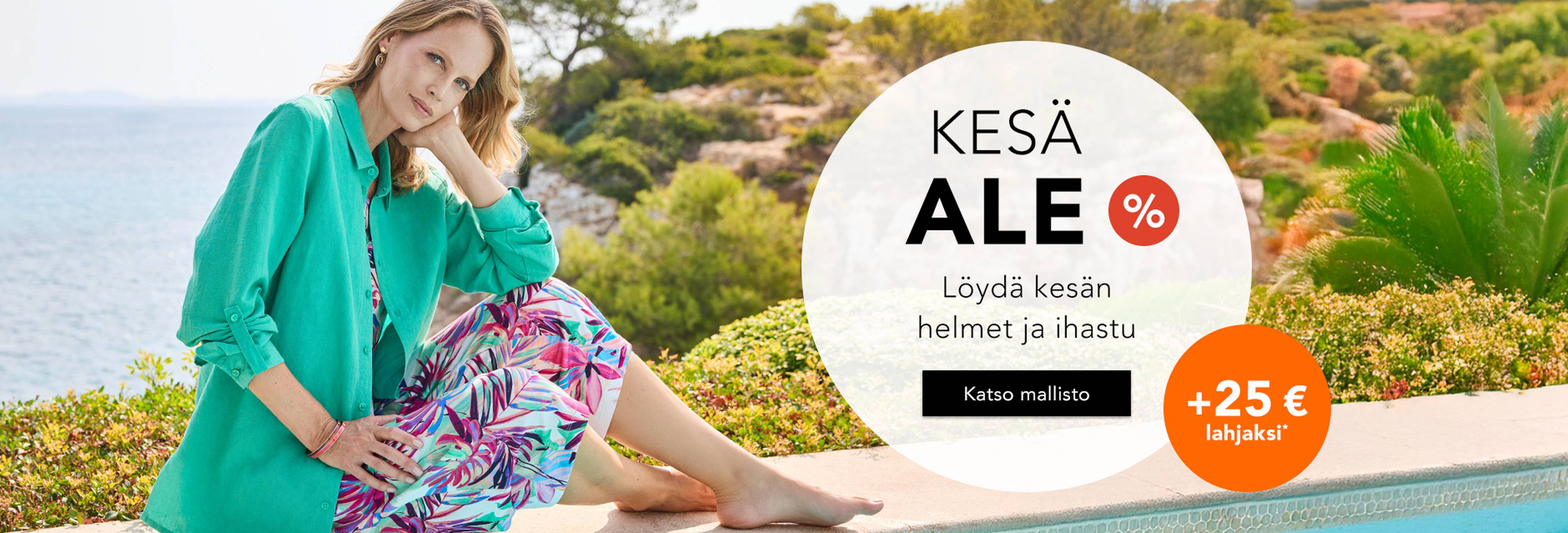  Uima-altaan äärellä istuva nainen värikkäissä kesävaatteissa; kuvan päällä on teksti, jossa mainostetaan kesäaleja, joissa alennukset ovat jopa 70 %.