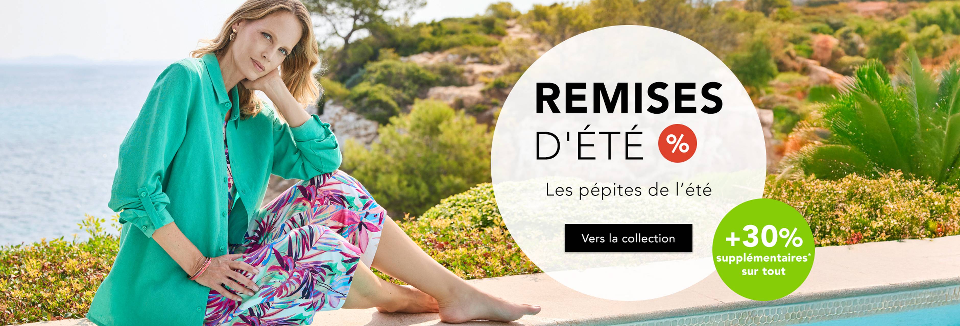  Une femme vêtue d'une tenue estivale colorée, assise au bord de la piscine, avec un texte en superposition annonçant des soldes d'été avec jusqu'à 70 % de réduction.