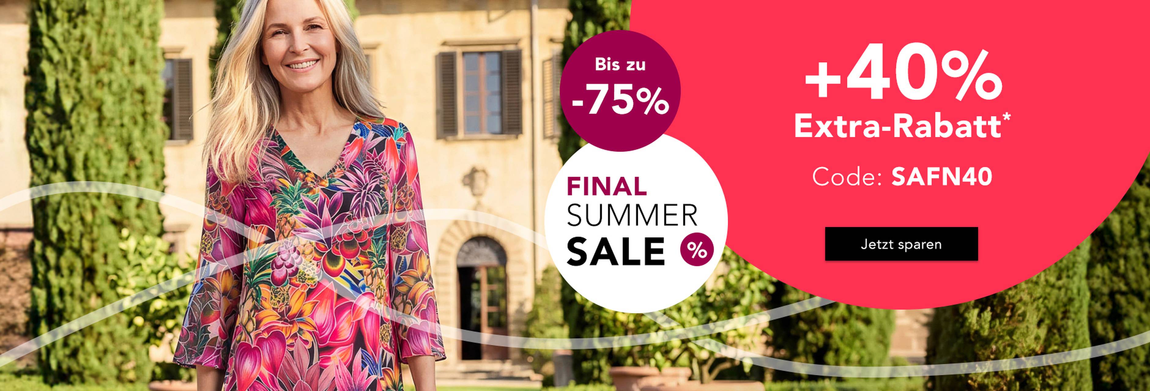  Eine Frau in einer bunten Bluse lächelt im Park. Text: „Saisonfinale“, Rabatte von bis zu 75 %, zusätzlich 40 % Rabatt mit Code.