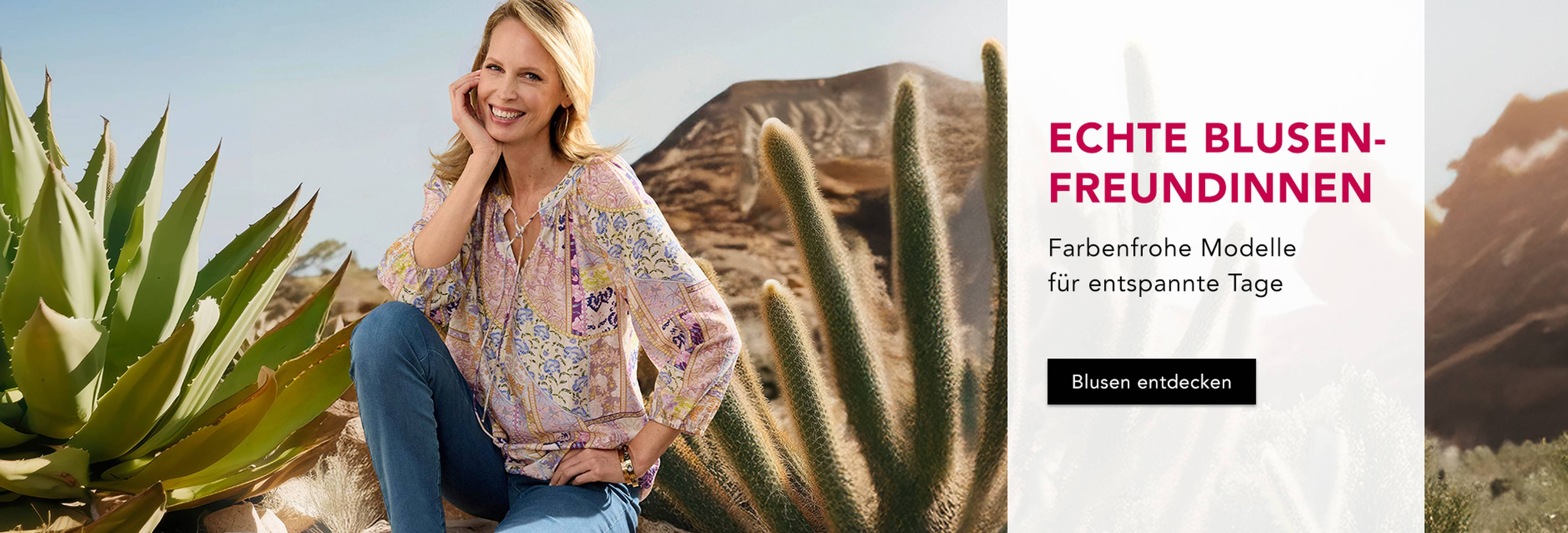Atelier GOLDNER Bluse mit Pastellprint und Schnürdetail, kombiniert mit blauer Hose