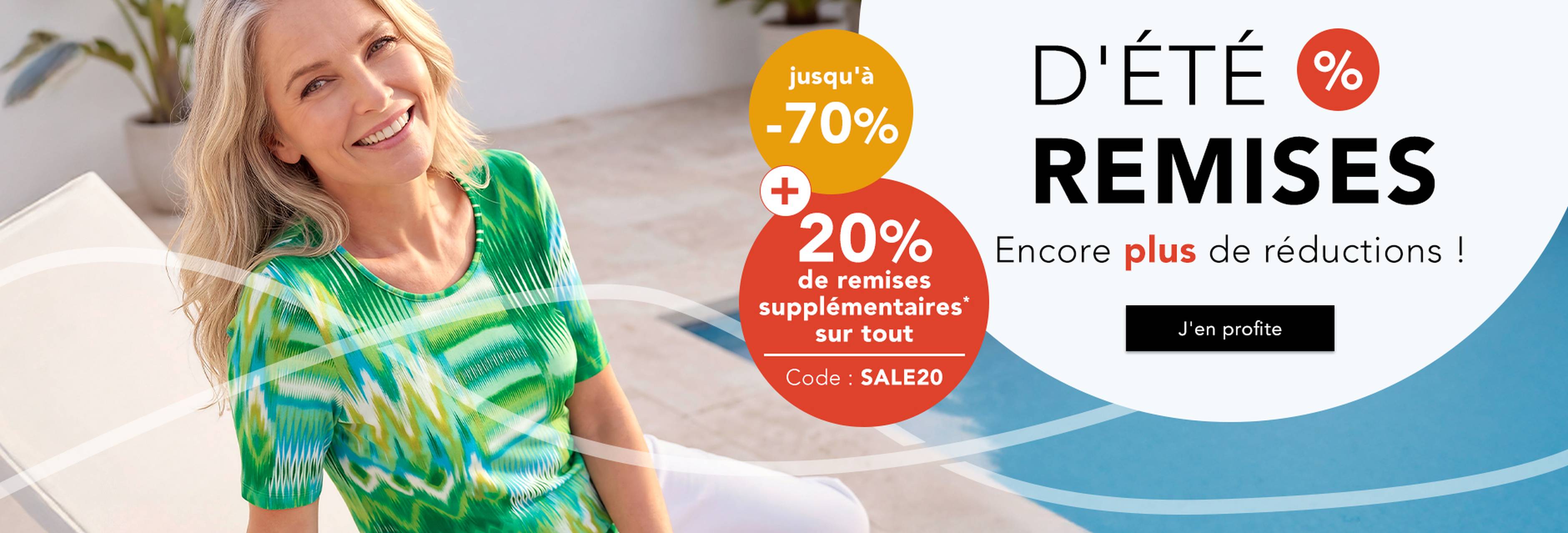  Une femme souriante, vêtue d'un haut vert à motifs, au bord d'une piscine, faisant la promotion d'une opération « soldes d'été » proposant jusqu'à 70 % de réduction, avec 20 % de réduction supplémentaire en utilisant le code SALE20.