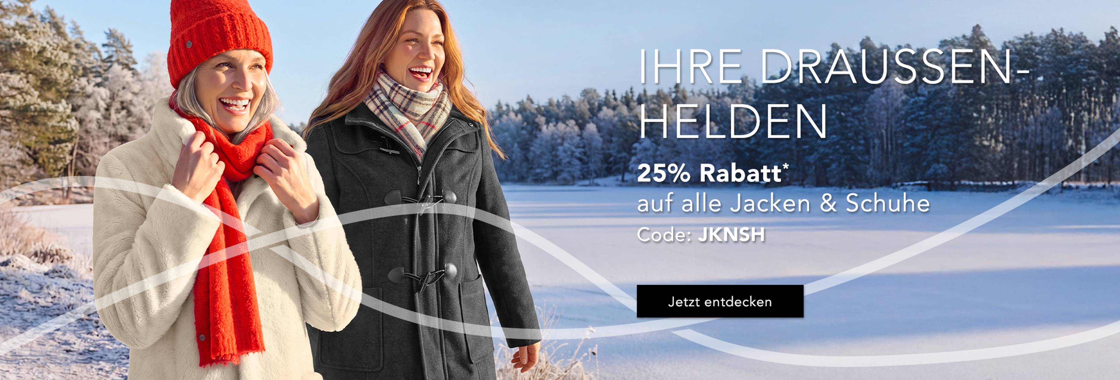 Zwei Frauen in Winterkleidung genießen einen sonnigen Wintertag im Freien. Der Werbetext deutet auf eine Rabatt-Aktionvon 20% für Jacken und Schuhe.