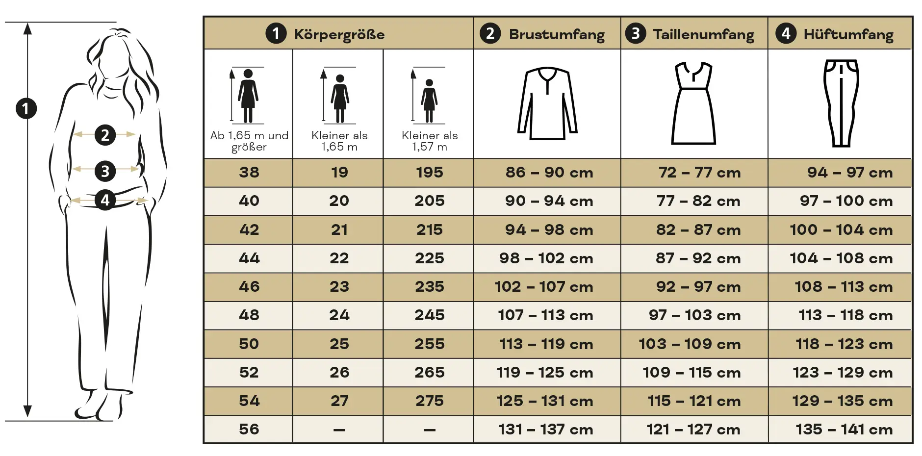 Größentabelle Damenbekleidung; Körpergröße, Brustumfang, Taillenumfang, und Hüftumfang
