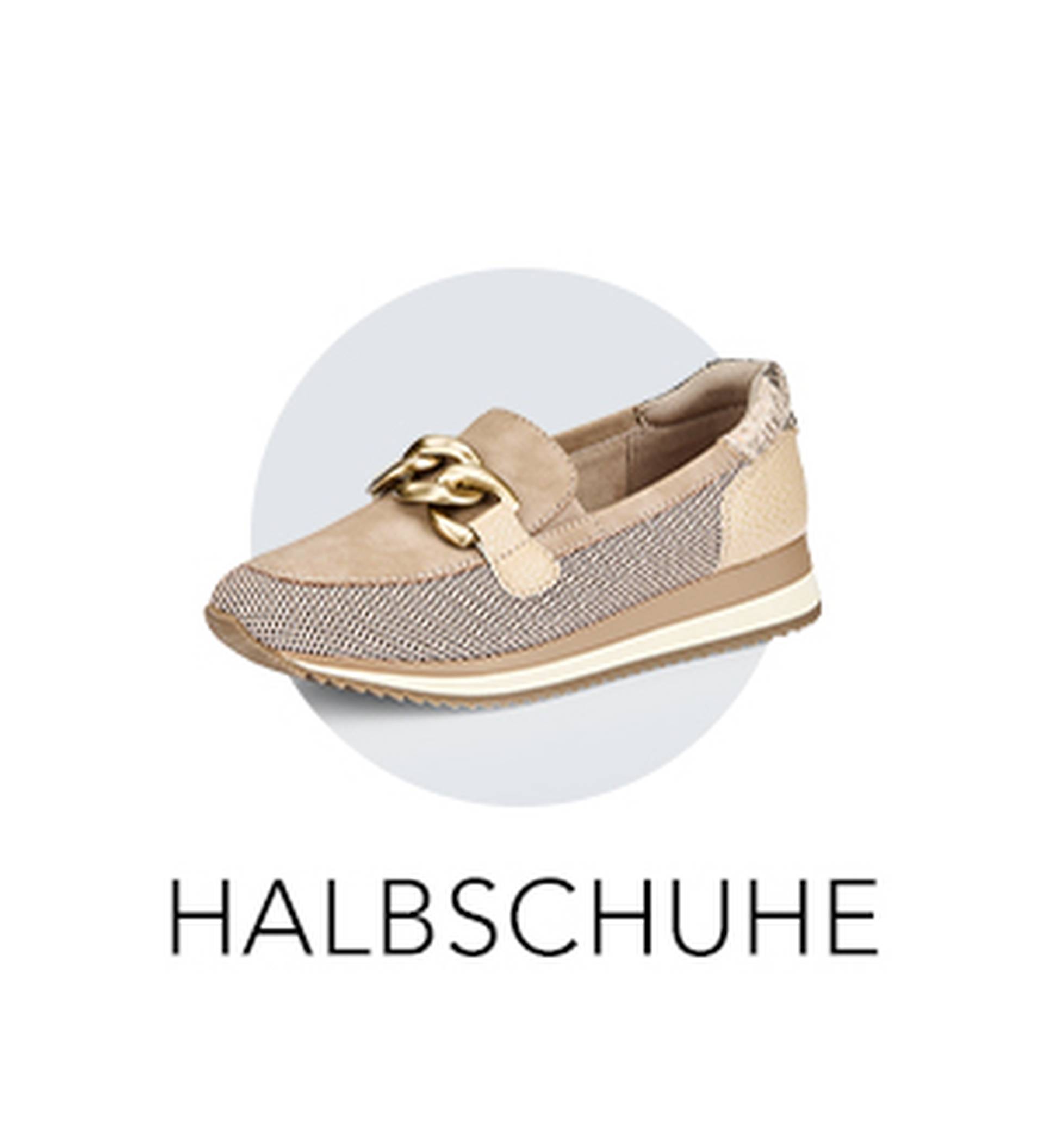 Beiger Halbschuh mit Goldenen Zierakzenten, welcher für modische und bequeme Halbschuhe bei GOLDNER wirbt. 