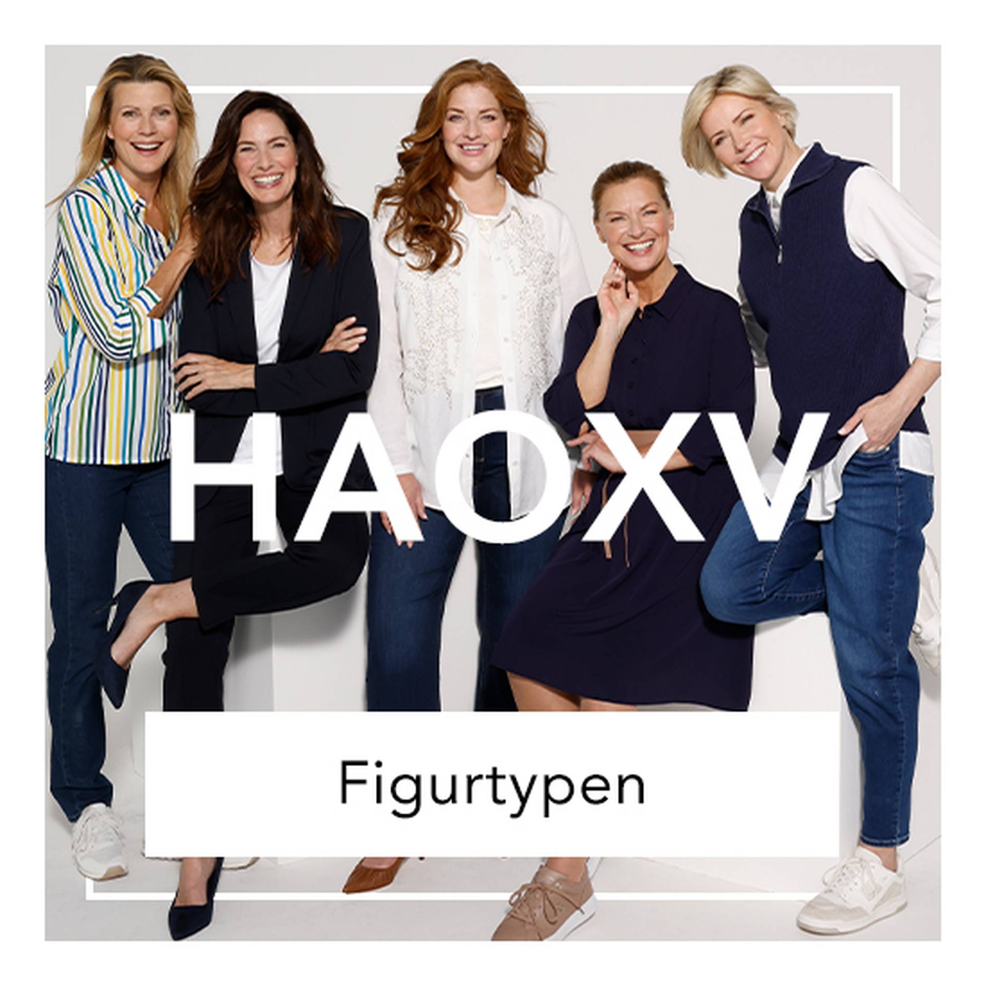 Fünf Frauen in unterschiedlichen Outfits zeigen verschiedene Figurtypen