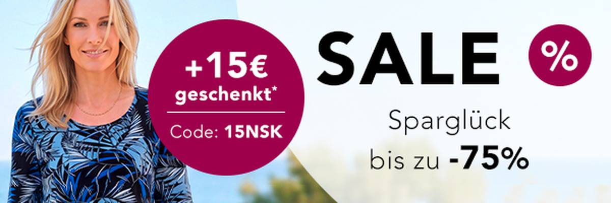  Eine lächelnde Frau in einem blau gemusterten Oberteil neben einem „Sale“-Banner, auf dem Rabatte von bis zu 75 % und ein Geschenk im Wert von 15 € mit dem Code 15NSK angeboten werden.