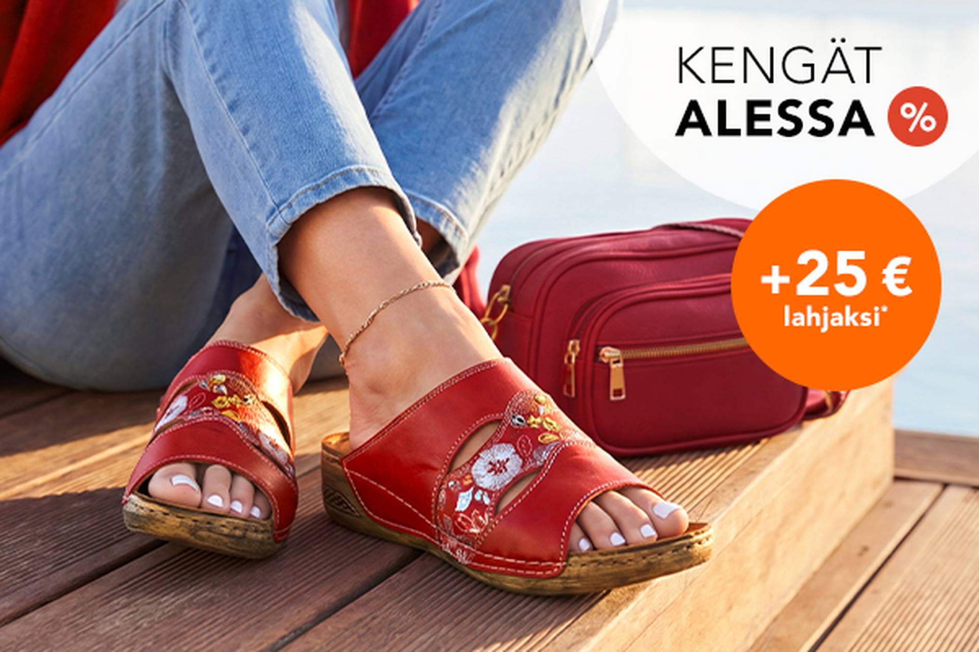  Nainen, jolla on yllään punaiset kukka-kuvioiset sandaalit, istuu punaisen käsilaukun vieressä. Kuvateksti: kenkäale, jopa 70 %:n alennus ja lisäksi 20 %:n alennus.