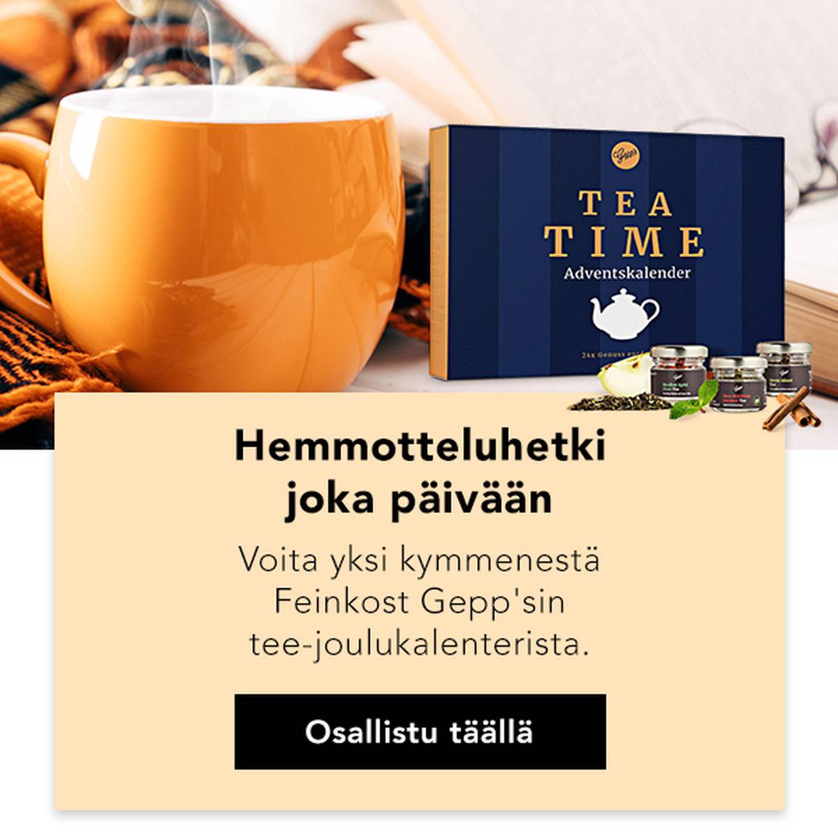 Gemütliche Tee-Szene, welche die Chance bewirbt einen Tee-Adventskalender beim Gewinnspiel zu ergattern.