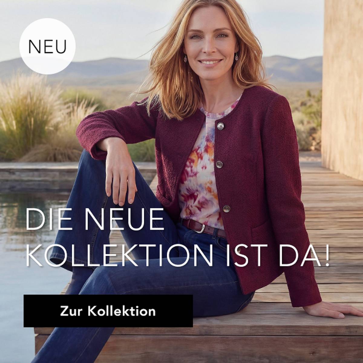 Eine Frau in eleganter Kleidung sitzt am Pool. Der Text weist auf die Einführung einer neuen Kollektion hin.