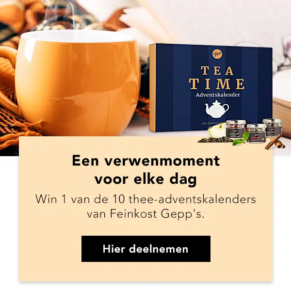 Een gezellige theescène, die de kans promoot om via een prijsvraag een thee-adventskalender te winnen.