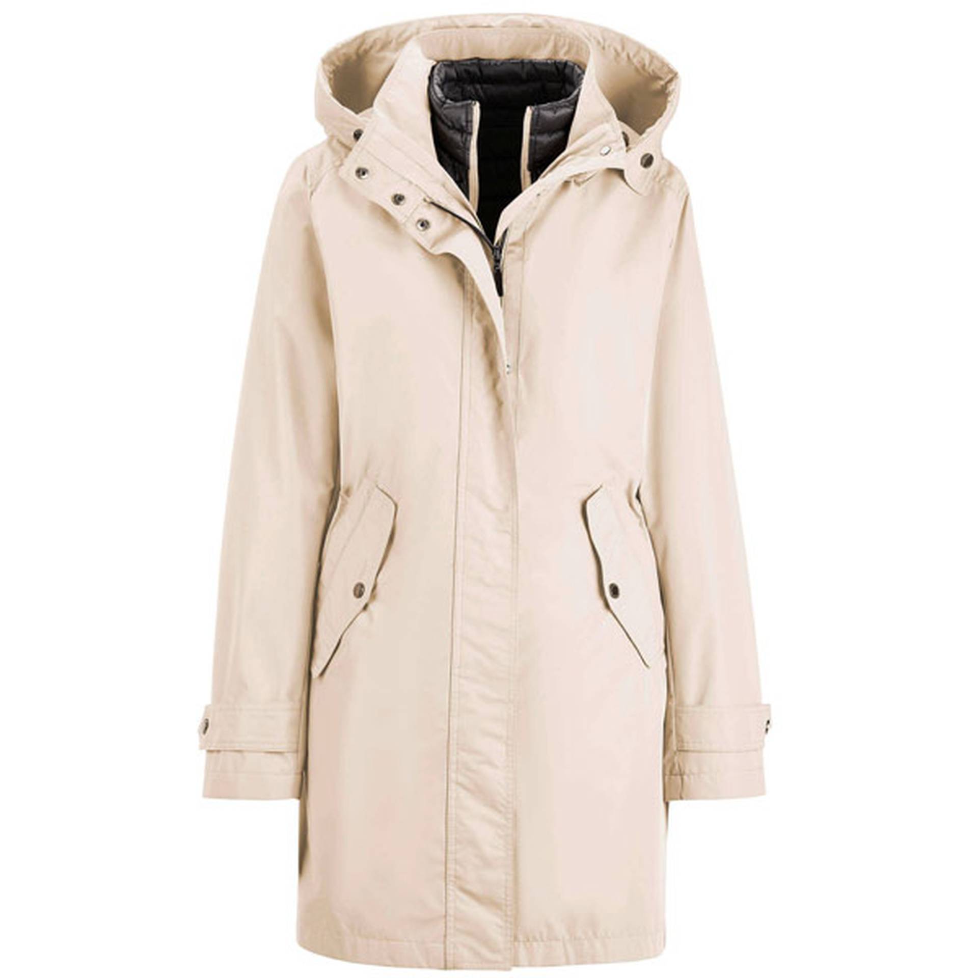 Zwiebelschicht - Außen-Schicht in Form von einer beigen Allwetterjacke bzw Funktionsjacke mit Westeneinsatz