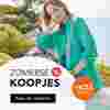  Een vrouw in kleurrijke zomerkleding zit aan de rand van het zwembad, met daaroverheen een tekst die reclame maakt voor een zomeruitverkoop met kortingen tot wel 70%.