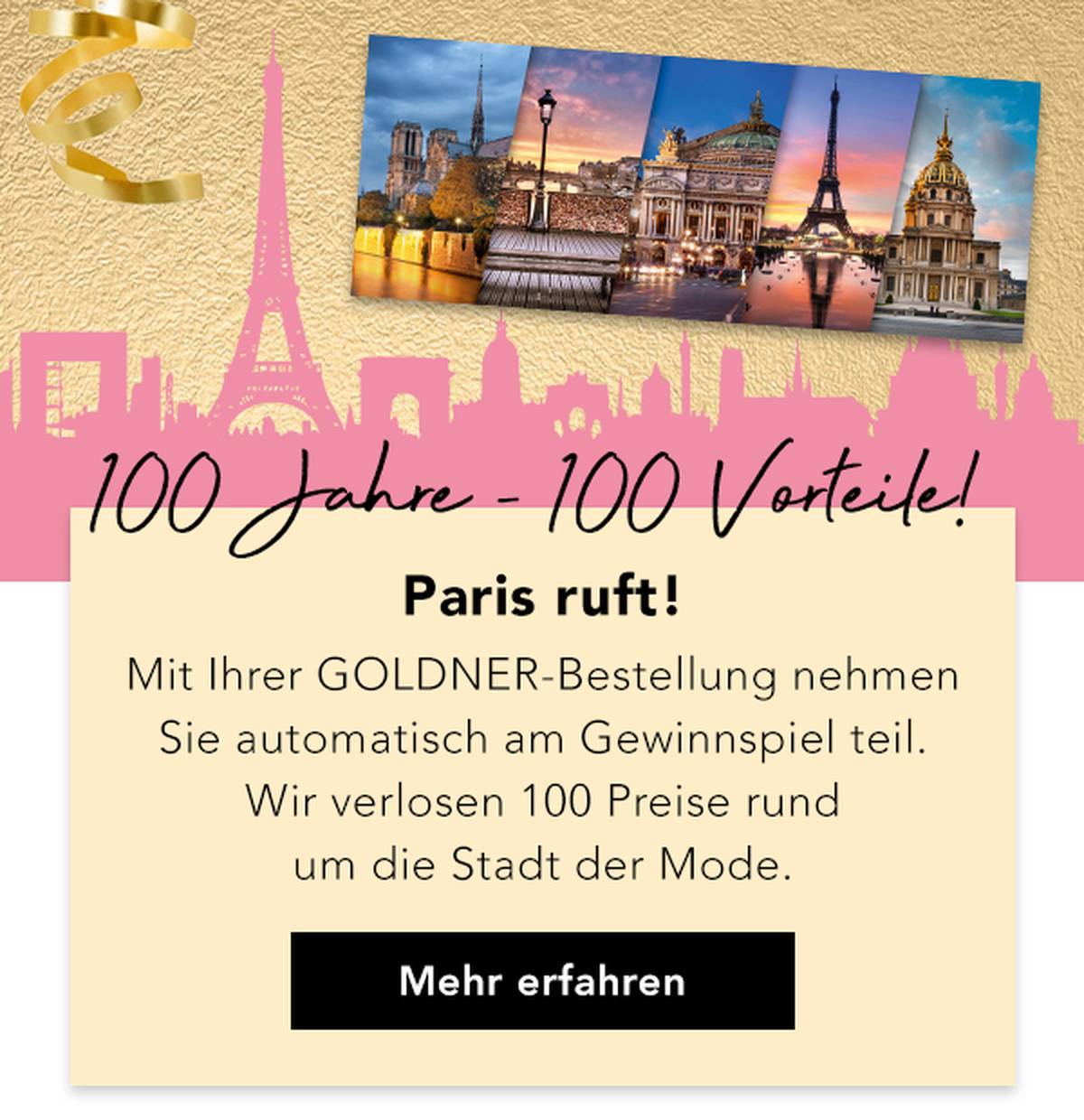  GOLDNER-Werbebild mit der Skyline von Paris und einem Text über ein Gewinnspiel, bei dem Preise rund um die Stadt der Mode zu gewinnen sind.