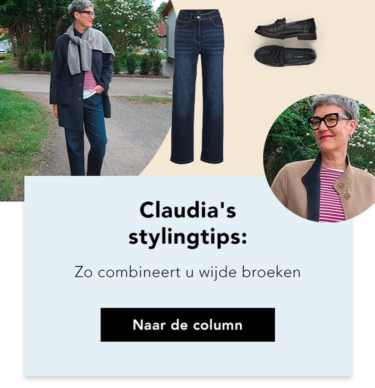 Een modegids over wijde broeken, met loafers en een comfortabele outfit. De focus ligt op stylingtips voor zelfbewuste, rijpere vrouwen.