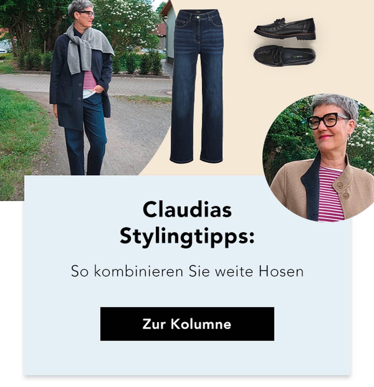 Ein Mode-Guide zu weiten Hosen, mit Loafern und einem gemütlichen Outfit. Im Mittelpunkt stehen Styling-Tipps für selbstbewusste, reife Frauen.
