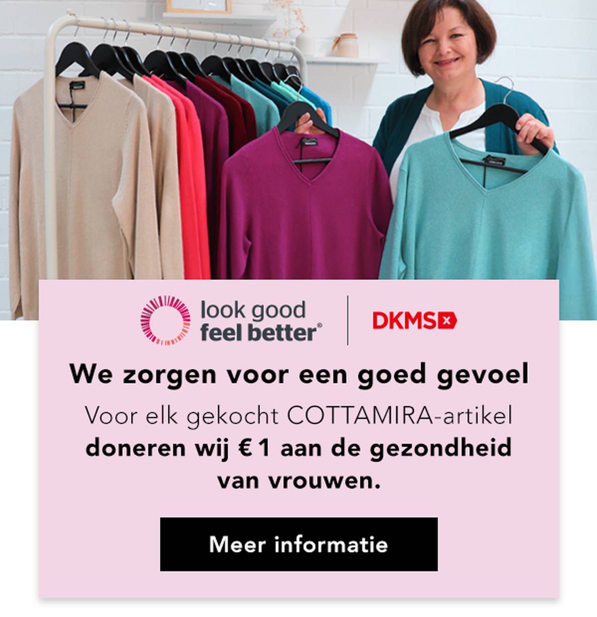 Een vrouw staat naast een kledingrek met kleurrijke truien en maakt reclame voor een liefdadigheidsinitiatief voor de gezondheid van vrouwen.