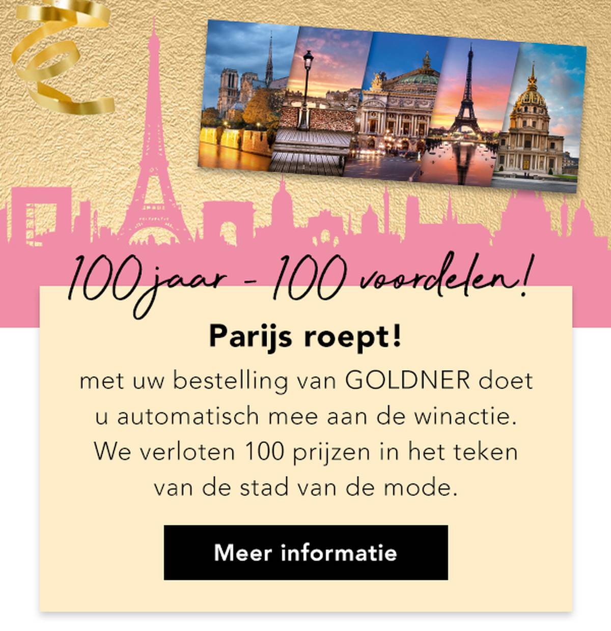  Promotieafbeelding van GOLDNER met de skyline van Parijs en tekst over een wedstrijd waarmee prijzen te winnen zijn die verband houden met de stad van de mode.