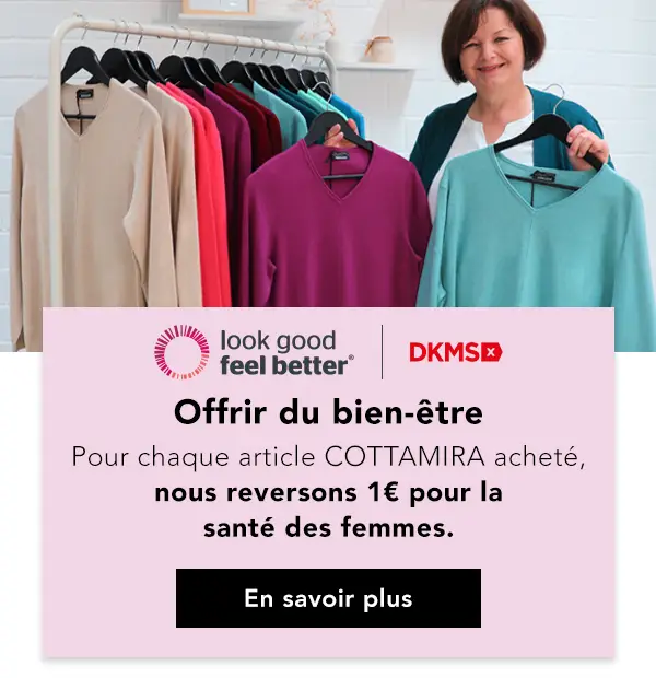 Une femme se tient à côté d'un portemanteau sur lequel sont accrochés des pulls colorés et fait la promotion d'une initiative caritative en faveur de la santé des femmes.