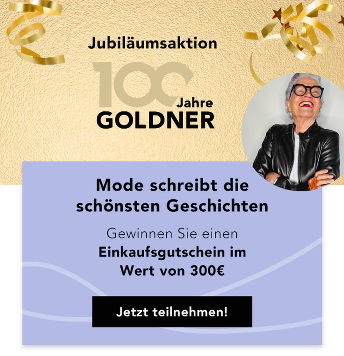 Festliches GOLDNER-Banner mit Text und einem runden Bild einer lächelnden Frau mit Sonnenbrille und Lederjacke, das für ein Gewinnspiel wirbt.