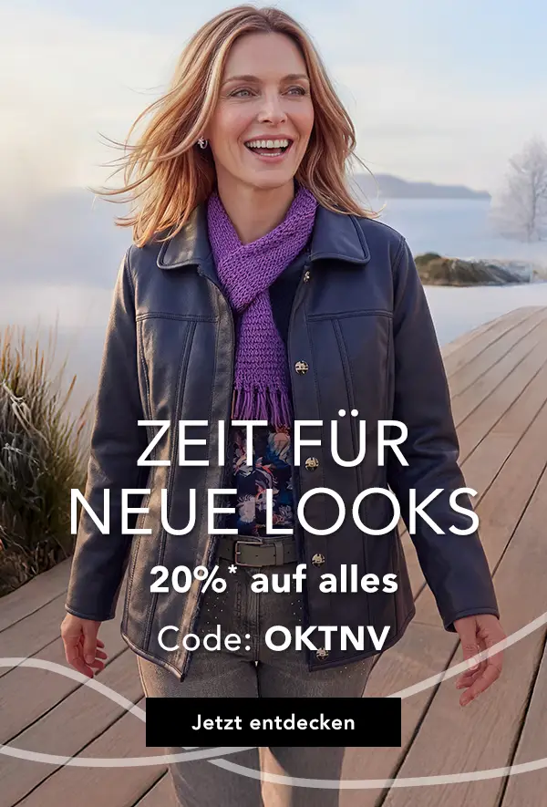 Frau in stilvoller Herbstkleidung spaziert auf einem Holzdock. Text: "Zeit für neue Looks", 20% Rabatt, Code: OKTNV.