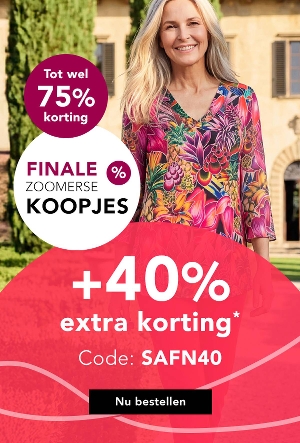  Een vrouw die glimlacht bij een zwembad, gekleed in een kleurrijke top en een spijkerbroek. Tekst: "Seizoensfinale", kortingen tot 75%, 40% extra korting met de code.