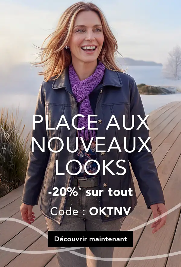 Une femme vêtue d'une élégante tenue d'automne se promène sur un ponton en bois. Légende : « C'est le moment de changer de look », 20 % de réduction, code : OKTNV.