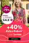  Eine Frau in einer bunten Bluse lächelt im Park. Text: „Saisonfinale“, Rabatte von bis zu 75 %, zusätzlich 40 % Rabatt mit Code.